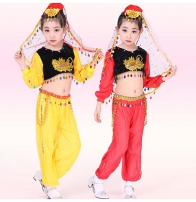 Yellow gold red sequined girls kids child children school play stage performance indian belly dance costumes  top and pants and head scarf